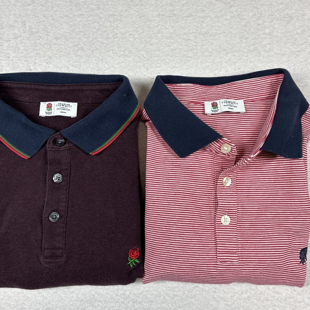 Charles Tyrwhitt England Rugby Polo Mens Medium Rose Logo Embroidered Lot of 2